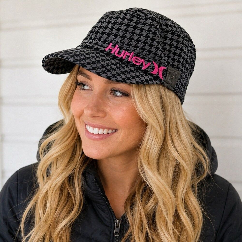Hurley Womens Houndstooth Cadet Hat Black Gray Pink Logo Military Cap Y2K